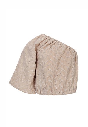 Beige one-shoulder top med elastisk halsudskæring og kant, med et diskret zigzag-syet mønster og en løs, draperet ærme på den ene side.