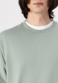 Lysegrøn crewneck sweatshirt lavet af blød stof. Har en ribbet halsudskæring og en lagdelt hvid skjorte underneath. Ingen synlige mønstre.