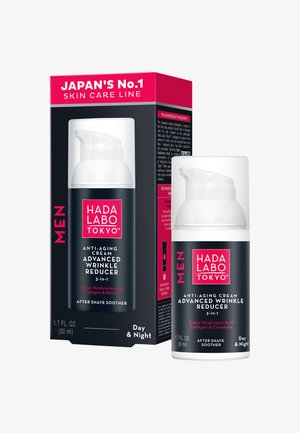 Crème anti-rides anti-âge Hada Labo Tokyo pour hommes avec flacon pompe et emballage, étiquetée pour usage de jour et de nuit.