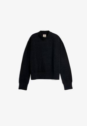 Suéter negro corto con cuello redondo acanalado, mangas largas y puños acanalados, hecho de un material de punto suave.