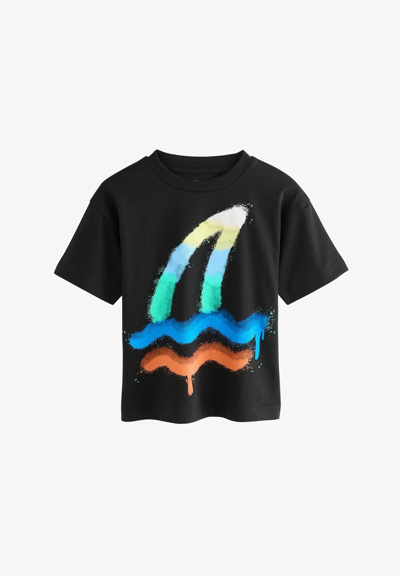 Black short-sleeve t-shirt with colorful abstract spray paint design in blue, green, yellow, white, and orange on front.