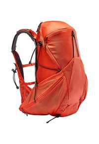 Rode rugzak met een gestroomlijnd ontwerp, voorzien van netaccenten, verstelbare schouderbanden en elastische koorden voor veilige opberging.