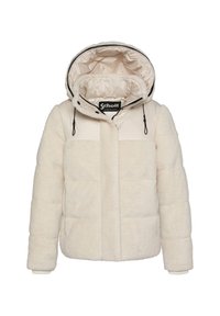 Kremowa kurtka puchowa z teksturowaną, puszystą warstwą zewnętrzną, wyposażona w kaptur i kontrastowe panele. Zawiera sznurki ściągające i ściągacze przy rękawach.