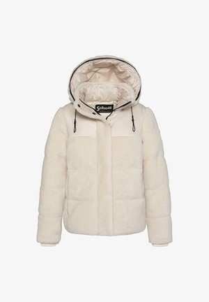 Roomkleurige pufferjas met een getextureerde, pluizige buitenlaag, voorzien van een capuchon en contrastpanelen. Voorzien van trekkoorden en geribbelde boorden.