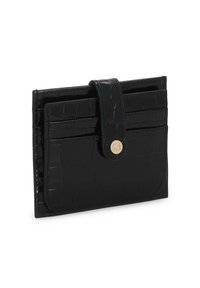 Black, patent leather cardholder with a crocodile pattern. Features a snap closure and multiple card slots. Smooth texture and compact design.