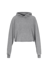 Hoodie grigio cropped con tasca a kangaroo frontale, maniche lunghe e una texture morbida. Presenta un tessuto a doppio strato per il cappuccio.