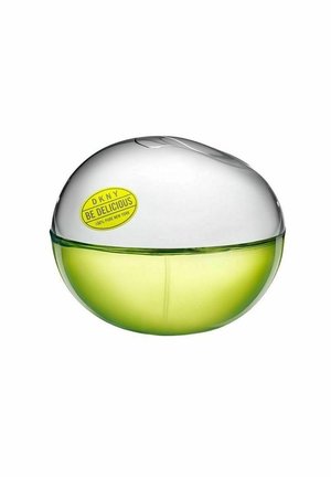 Pyöreä vihreä ja kirkas lasinen parfyyminpullo, jossa keltainen etiketti, jossa lukee "DKNY Be Delicious 100 % Pure New York".