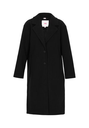 Must black wool coat pikendatud nokk-krae, kahe nö�öbi ja küljetaskutega, esitatud valgel taustal.