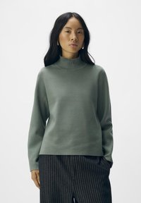 Lichtgroene gebreide coltrui met lange mouwen, met een geribbelde halslijn, gecombineerd met donker gestreepte broek.