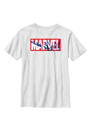 Biała koszulka z krótkim rękawem z logo Marvel w kolorze czerwonym i białym, z niebieską ilustracją Spider-Mana wewnątrz liter.