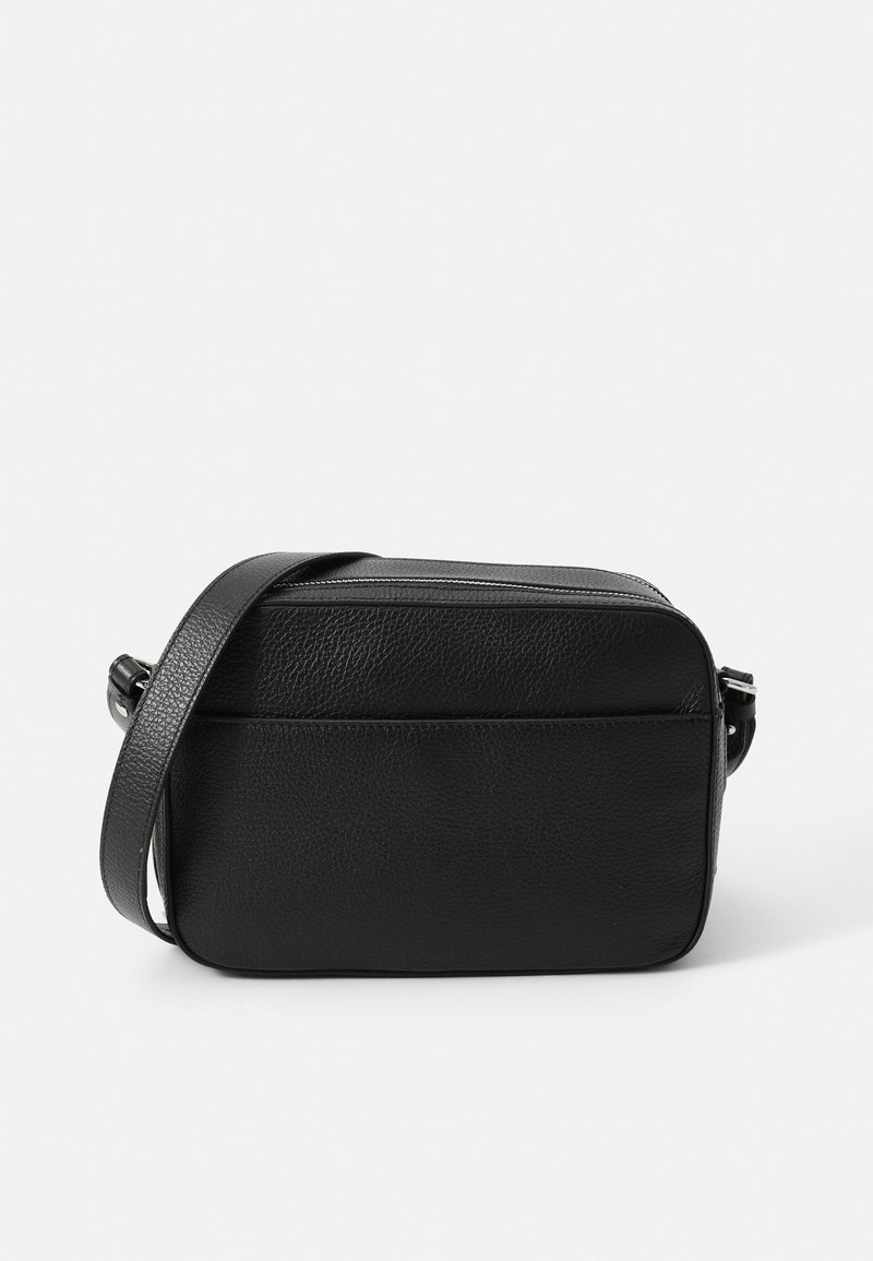 Borsa a tracolla nera in pelle con finitura testurizzata, forma rettangolare, chiusura con zip e tracolla regolabile per opzioni di trasporto versatili.