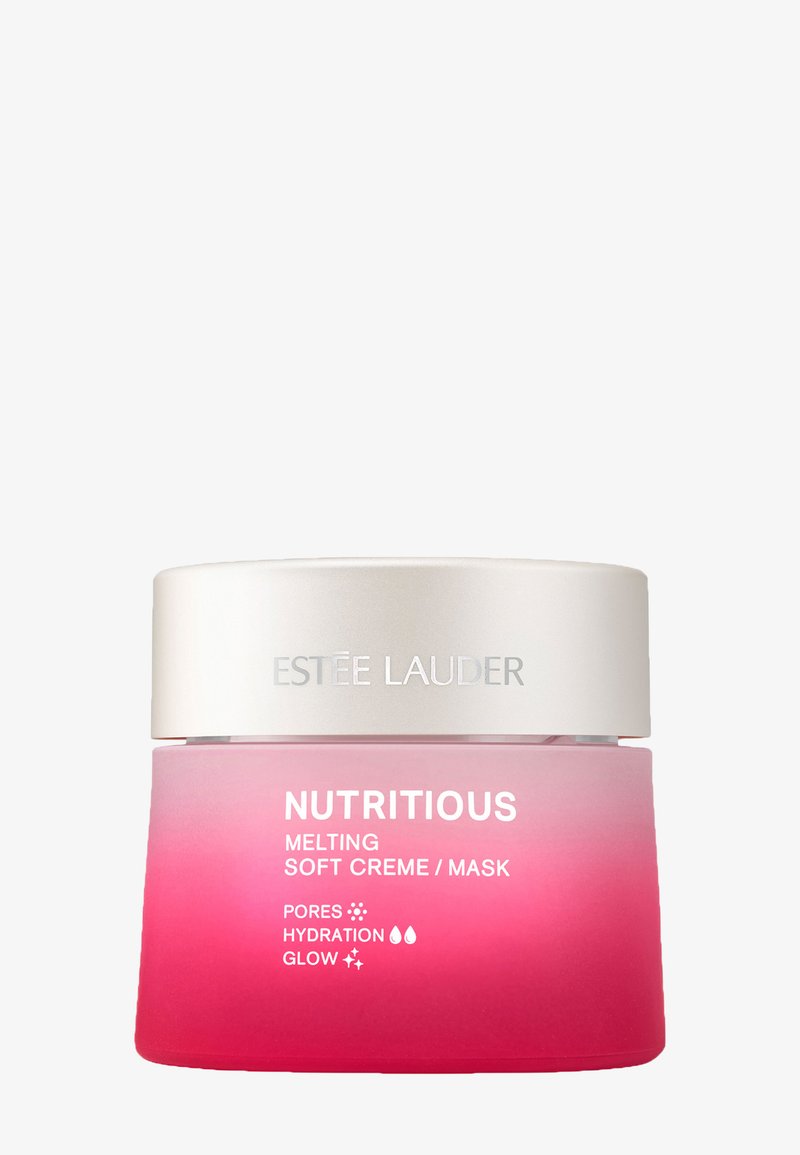 Crème/Masque Nutritif Fondant Très Doux Estee Lauder dans un pot dégradé rose avec un couvercle argenté ; texte sur le devant pour les détails du produit.