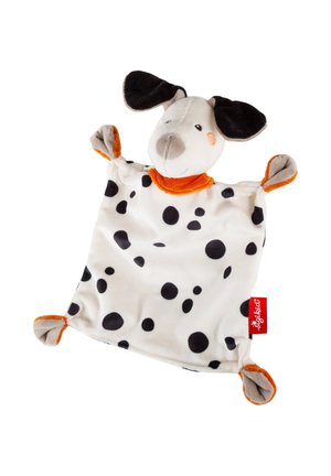 Coperta di peluche per cani con macchie nere, accenti arancioni, orecchie nere cadenti e angoli annodati su una coperta bianca soffice.