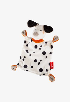 Plüsch-Hundekuscheldecke mit schwarzen Flecken, orangefarbenen Akzenten, schlappen schwarzen Ohren und verknoteten Ecken auf einer weißen weichen Decke.