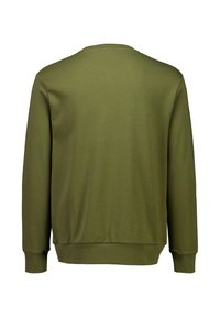 Olive zielona bluza z długim rękawem, okrągłym dekoltem i ściągaczami na rękawach. Miękka, teksturowana tkanina o prostym, nieozdobionym wzorze.