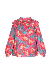 Színes, hosszú ujjú blúz fodros nyakkivágással, piros és rózsaszín virágmintával, élénk zöld levelekkel díszítve egy vibráló háttéren.