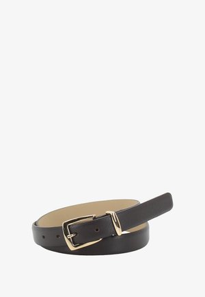 Brauner Leder-Gürtel mit glatter Oberfläche, goldfarbener Metallschnalle und Löchern zur Anpassung. Verfügt über ein minimalistisches Design und eine klassische Form.