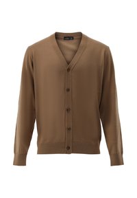 Brauner Strickcardigan mit V-Ausschnitt, langen Ärmeln und Knopfleiste. Merkmale sind ein gerippter Saum und Rippbündchen, eine glatte Textur und ein minimales Design.