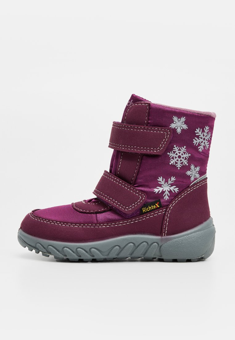 Lila Winterstiefel mit zwei Klettverschlüssen, Schneeflocken-Design, gepolsterter Kragen, Gummisohle und verstärkter Zehenkappe. Textil-Obermaterial für Langlebigkeit.