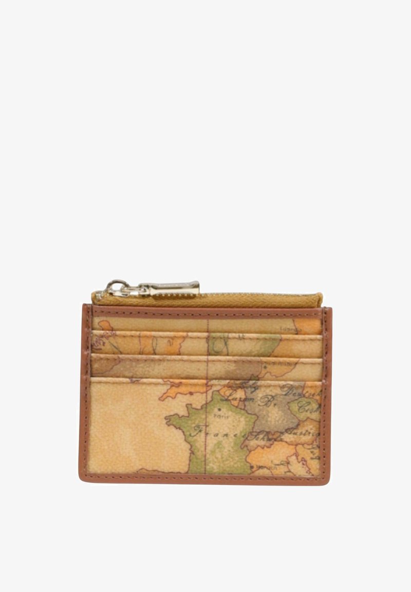Portefeuille marron avec un imprimé de carte, doté de fentes pour cartes et d'un compartiment zippé. Fabriqué en matériau texturé avec une finition lisse.