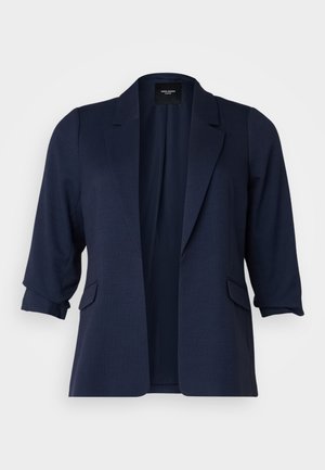 Navy blazer made of textured fabric, featuring three-quarter sleeves, notched lapels, and two front pockets. Open front design.