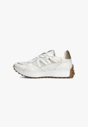 White sneaker with mesh and leather materials, featuring metallic gold accents, a chunky white sole, and a rubber traction outsole.