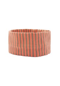Opaska na głowę z tkaniny w paski naprzemiennie koralowe i brązowe, o miękkiej fakturze, z konstrukcją paskową i zaokrąglonymi krawędziami.