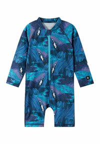 Pianka z krótkim rękawem w niebiesko-fioletowy wzór podwodny z morskim życiem, zamek błyskawiczny oraz miękki, elastyczny materiał.