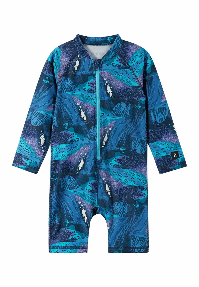 Pianka z krótkim rękawem w niebiesko-fioletowy wzór podwodny z morskim życiem, zamek błyskawiczny oraz miękki, elastyczny materiał.