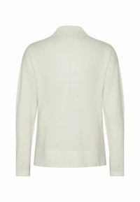 Pull à manches longues couleur crème avec col montant côtelé, vu de dos sur fond blanc.