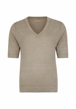 Beiger Kurzarmpullover mit V-Ausschnitt, gerippten Bündchen und Saum, schlichter Strickstruktur und kleinem innenliegendem Markenetikett am Ausschnitt.