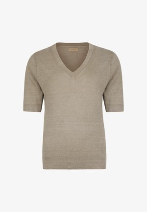 Beiger Kurzarmpullover mit V-Ausschnitt, gerippten Bündchen und Saum, schlichter Strickstruktur und kleinem innenliegendem Markenetikett am Ausschnitt.