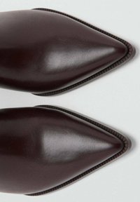 Chaussures en cuir marron à bout pointu avec une texture lisse, présentant des coutures délicates le long des bords pour un accent et un détail.