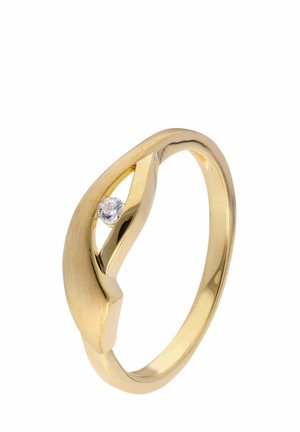 Gold ring with a modern, asymmetrical design featuring a single small round diamond held between the curved band sections.