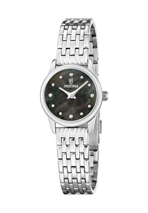 Silberner Edelstahluhren mit einem runden Zifferblatt aus schwarzem Perlmutt, silbernen Stundenmarkierungen und einem polierten Gliederarmband.