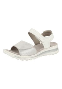 Sandali leggeri e aperti davanti in morbido tessuto grigio chiaro con accenti metallici. Cinturini regolabili in Velcro su una suola imbottita con texture.