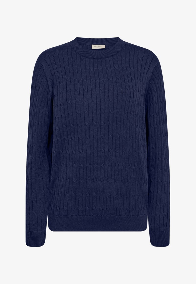 Marineblauwe gebreide trui met een gestructureerd kabelpatroon, een ronde hals en geribbelde manchetten en zoom. Gemaakt van zacht, ademend materiaal.