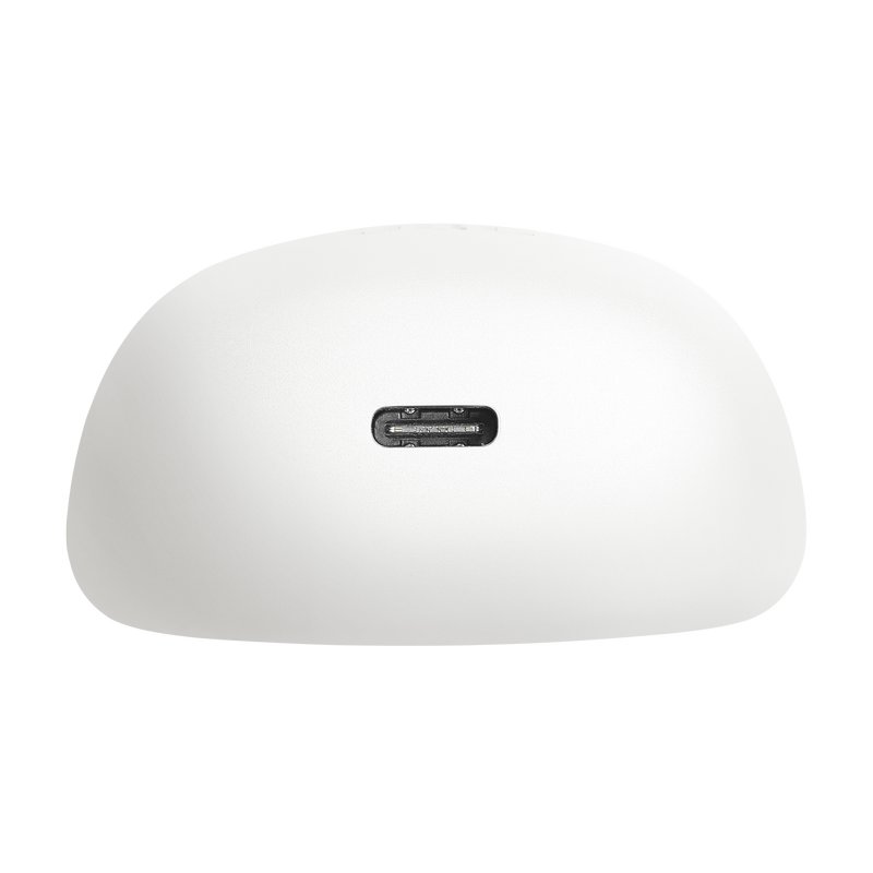 Tapis de chargement sans fil, en plastique blanc, de forme ronde, avec un port USB-C sur la face inférieure, texture lisse, design minimaliste.