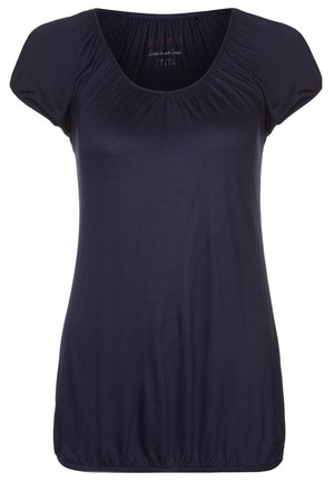 Marineblaue Kurzarmbluse mit gesammeltem Rundhalsausschnitt und elastischem Saum, aus weichem, leichtem Stoff gefertigt.