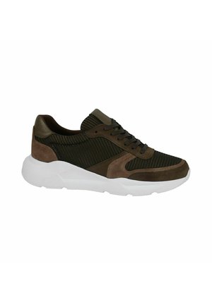 Brown and black mesh sneaker with suede accents and thick white sole, shown from the side.