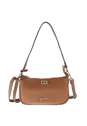 Sacoche en cuir marron avec une texture lisse, fermeture en métal doré et bandoulière réglable ; comporte un logo embossé sur le devant.