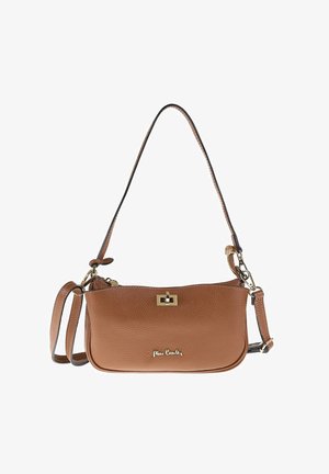 Borsa a tracolla in pelle marrone con texture liscia, chiusura in metallo dorato e tracolla regolabile; presenta logo in rilievo sul davanti.