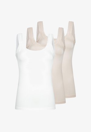 Ensemble de quatre débardeurs pour femmes sans manches avec bordure en dentelle, comprenant un blanc et trois hauts beige, disposés en rangée décalée.
