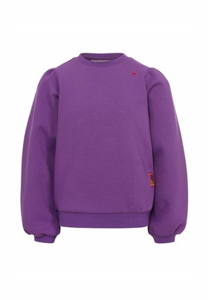 Paarse sweatshirt met lange, opbollende mouwen, ronde halslijn, geribbelde onderkant en een klein rood hartaccent aan de bovenlinkerzijde.