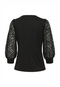 Black top featuring long puff sleeves made of intricate black lace. The body is smooth and fitted, with a classic crew neckline.