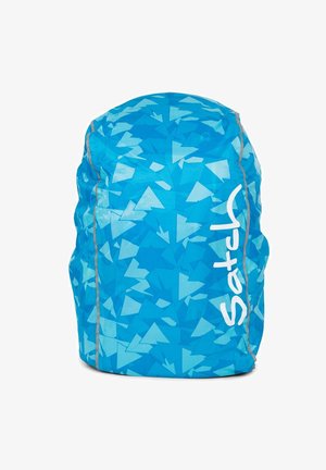Blue backpack with a geometric pattern in various shades of blue. Features a prominent white logo, smooth texture, and rounded shape.