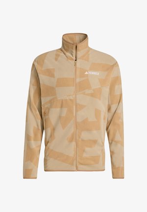 Beige fleece jacket with abstract tan patterns, high collar, zip closure, and TERREX logo on the chest. Soft texture and casual fit.