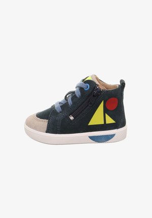 Children's high-top sneaker in dark green suede. Features yellow and red geometric accents, light blue laces, and a white sole.