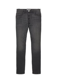Dunkelgraue Denim-Jeans mit geradem Bein, fünf Taschen und einem Knopfverschluss, mit dezenten Ausbleichungen und Nähdetails.