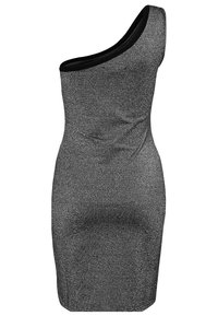 Axelklänning i svart och silver med glitter, figurnära design, slät textur, över knä-längd, med en elegant silhuett och subtila formgivningsdetaljer.